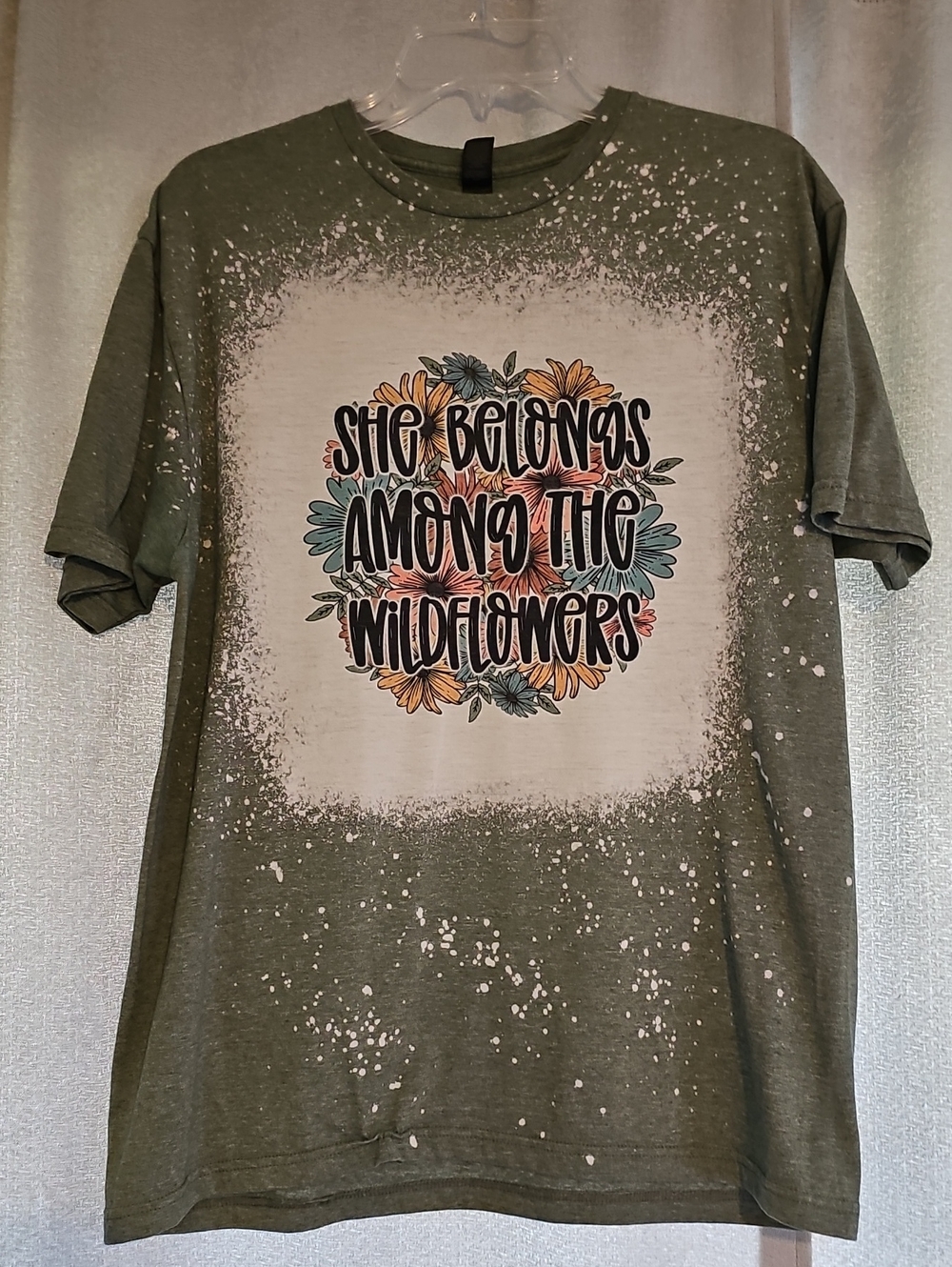 Gildan Olive Graphic Tee with Multicolor Floral Lettering
